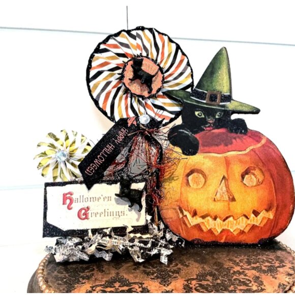 Happy Halloween Centerpiece:Mischievous black cat emerging from Jack O'Lantern - Picture 1 of 5